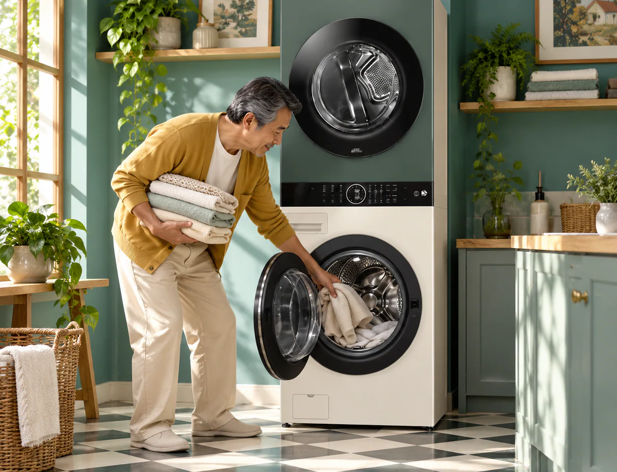 WashTower ซักผ้า 21 กก. และอบ 16 กก. รุ่น WT2116SHEG ระบบ AI DD™ พร้อม Smart WI-FI control ควบคุมสั่งงานผ่านสมาร์ทโฟน WT2116SHEG